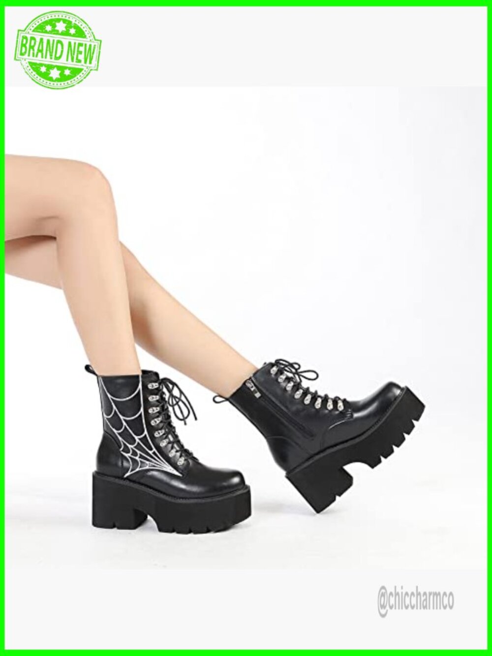 Women's Chain Platform Boots Lace Up Chunky Heel Combat Ankle Booties Studded - Picture 7 of 7